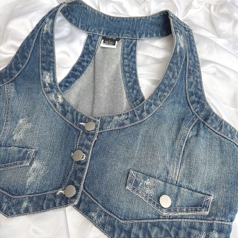 Vanity Women Medium Wash Distressed Denim Halter Racerback Cropped Vest Large